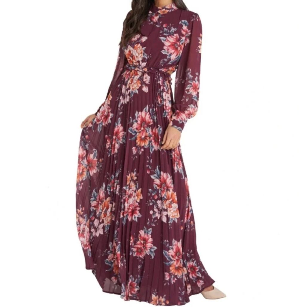 Vici Collection Ruffle Mock Neck Long Sleeve Floral Dress Burgundy Large
